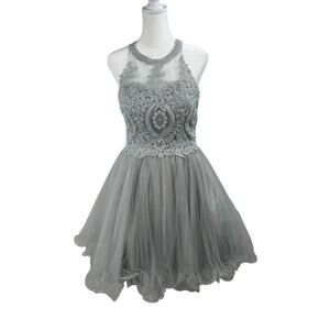 For You Dress Silver Gray Sequin Mini M Fits XS/S Strappy Back Tulle Homecoming